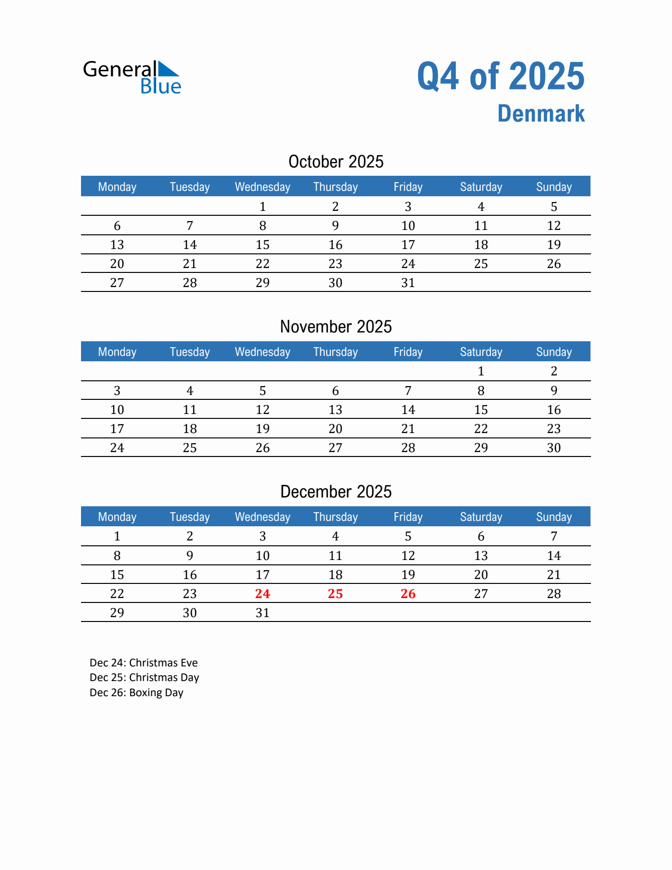 Denmark Q4 2025 Quarterly Calendar with Monday Start