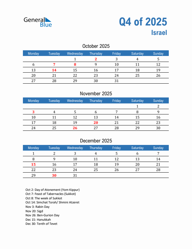Israel Q4 2025 Quarterly Calendar with Monday Start