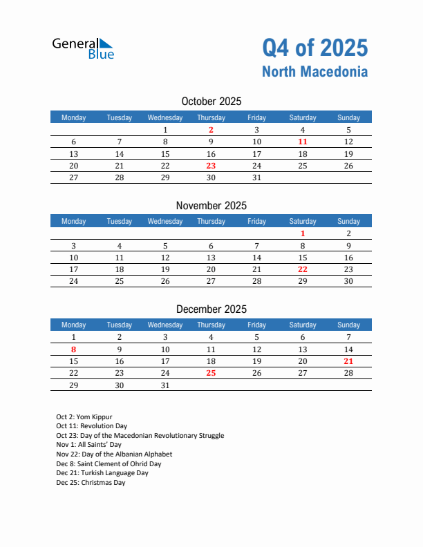 North Macedonia Q4 2025 Quarterly Calendar with Monday Start