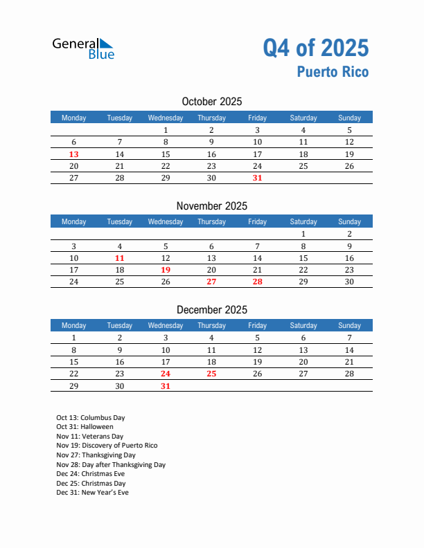 Puerto Rico Q4 2025 Quarterly Calendar with Monday Start