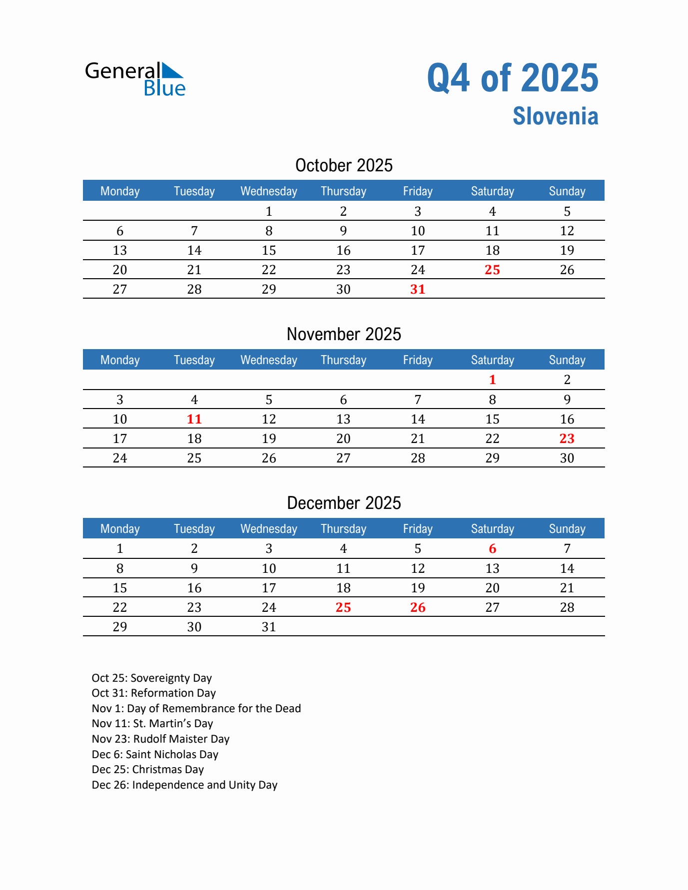 Slovenia Q4 2025 Quarterly Calendar with Monday Start