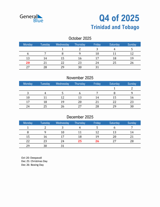 Trinidad and Tobago Q4 2025 Quarterly Calendar with Monday Start
