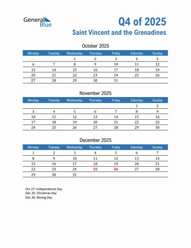 Saint Vincent and the Grenadines Q4 2025 Quarterly Calendar with Monday Start