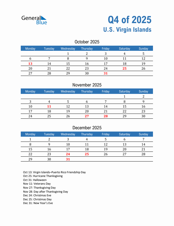 U.S. Virgin Islands Q4 2025 Quarterly Calendar with Monday Start