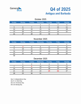 Antigua and Barbuda Quarter 4  2025 calendar template