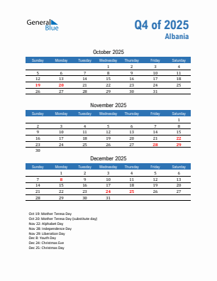 Albania Quarter 4  2025 calendar template