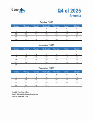 Armenia Quarter 4  2025 calendar template