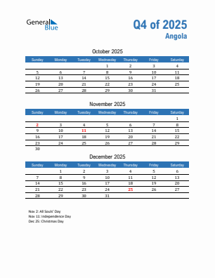 Angola Quarter 4  2025 calendar template