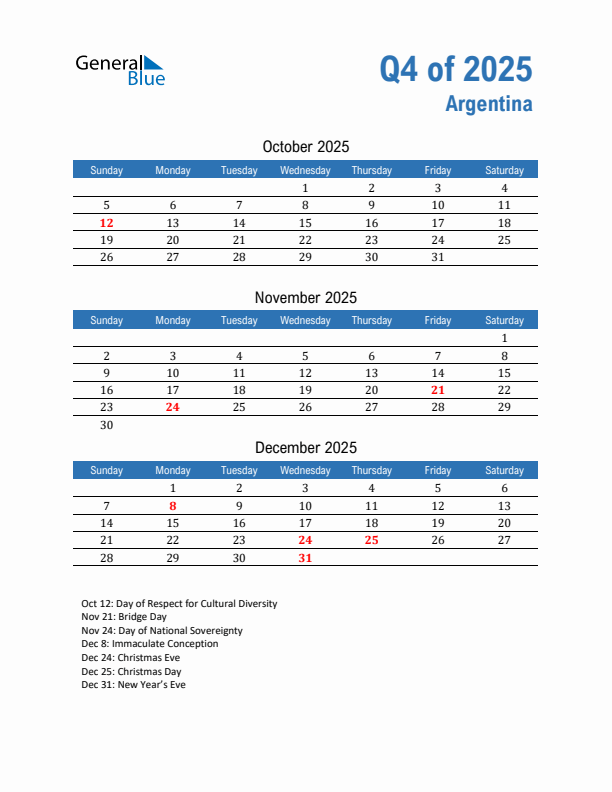 Argentina Q4 2025 Quarterly Calendar with Sunday Start