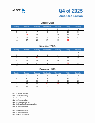 American Samoa Quarter 4  2025 calendar template