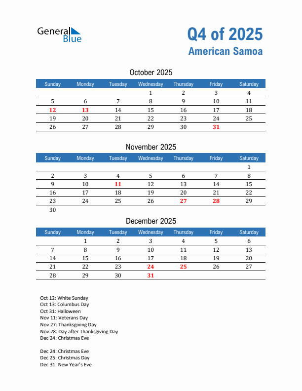 American Samoa Q4 2025 Quarterly Calendar with Sunday Start
