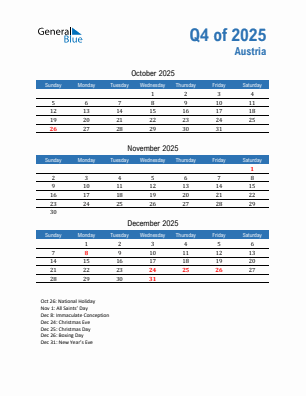 Austria Quarter 4  2025 calendar template