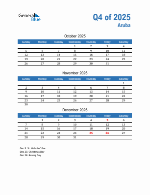 Aruba Quarter 4  2025 calendar template