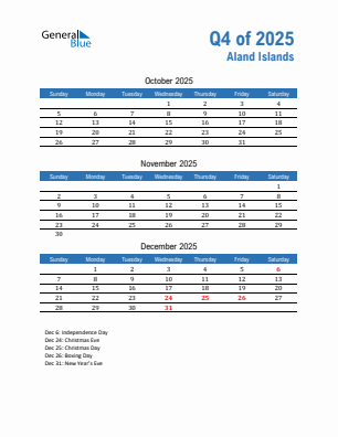 Aland Islands Quarter 4  2025 calendar template
