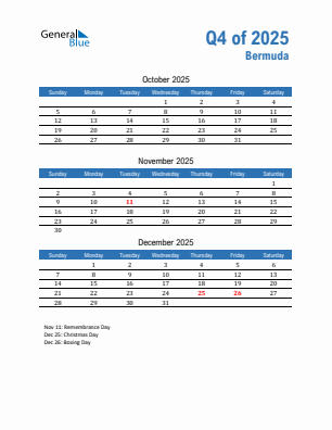 Bermuda Quarter 4 2025 calendar template