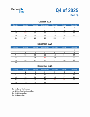 Belize Quarter 4 2025 calendar template