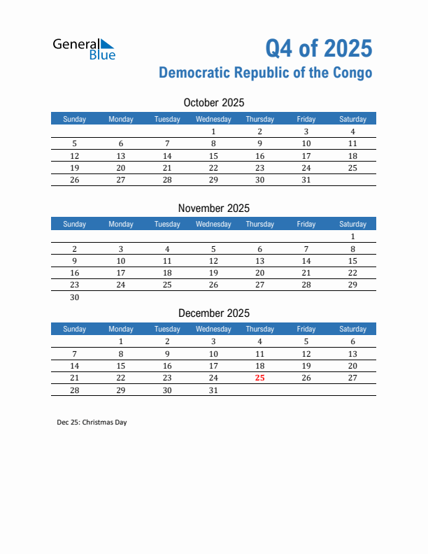 Democratic Republic of the Congo Q4 2025 Quarterly Calendar with Sunday Start