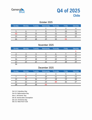 Chile Quarter 4  2025 calendar template