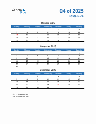 Costa Rica Quarter 4  2025 calendar template