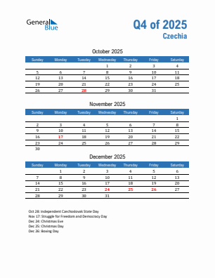 Czechia Quarter 4  2025 calendar template