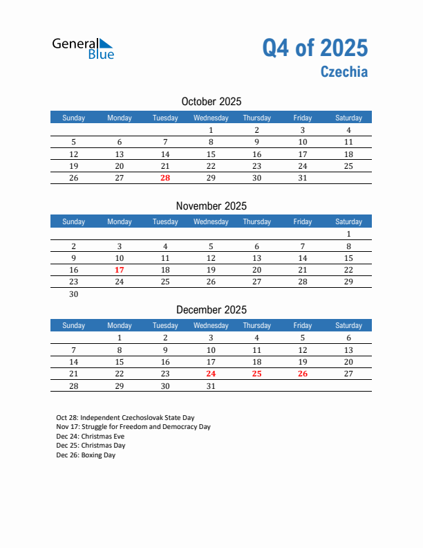 Czechia Q4 2025 Quarterly Calendar with Sunday Start