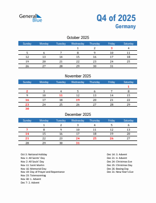 Germany Quarter 4  2025 calendar template