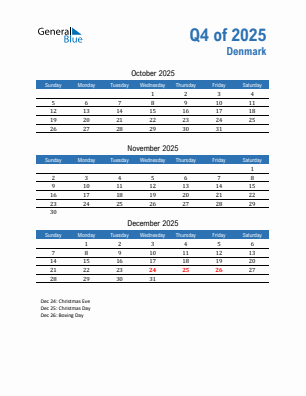 Denmark Quarter 4  2025 calendar template