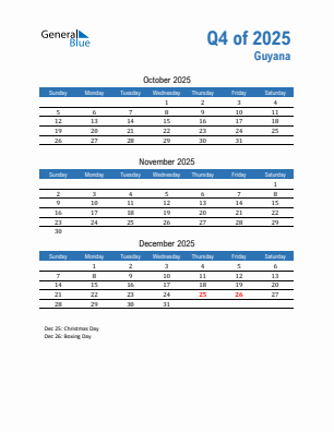 Guyana Quarter 4  2025 calendar template