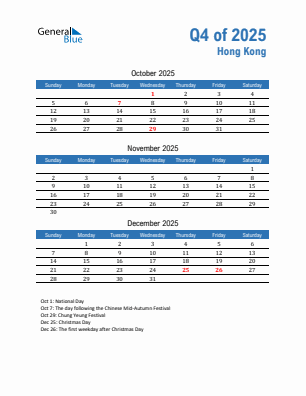 Hong Kong Quarter 4  2025 calendar template