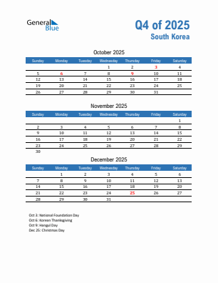 South Korea Quarter 4 2025 calendar template