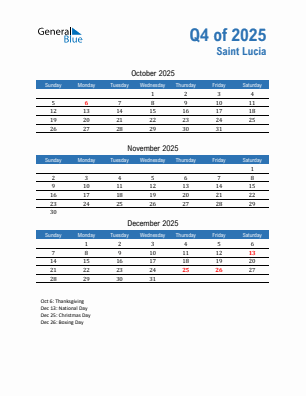 Saint Lucia Quarter 4  2025 calendar template