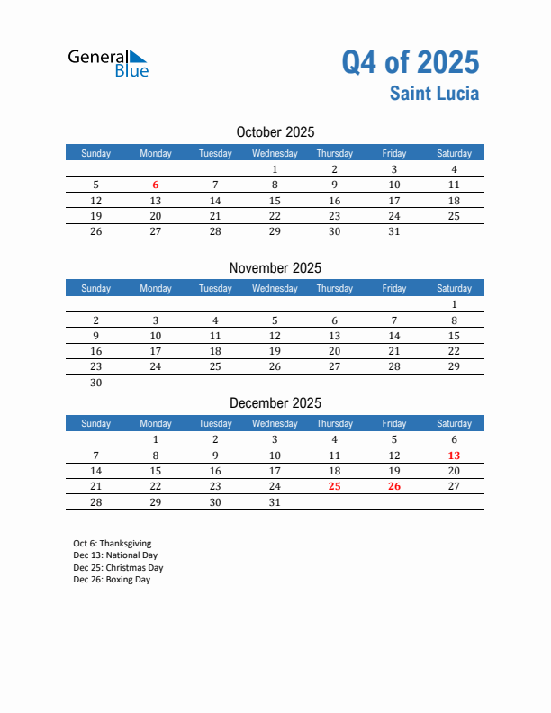 Saint Lucia Q4 2025 Quarterly Calendar with Sunday Start