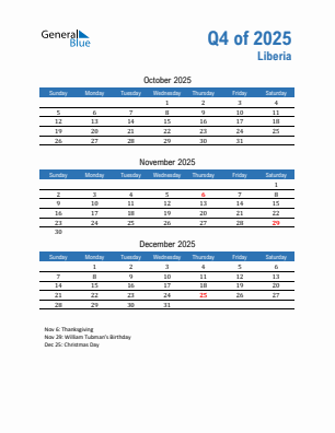 Liberia Quarter 4  2025 calendar template