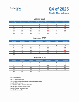 North Macedonia Quarter 4  2025 calendar template