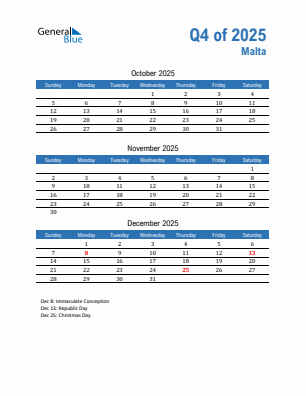 Malta Quarter 4 2025 calendar template