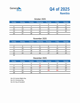 Namibia Quarter 4 2025 calendar template