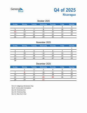Nicaragua Quarter 4 2025 calendar template