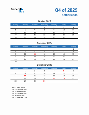 The Netherlands Quarter 4 2025 calendar template
