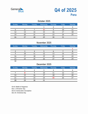 Peru Quarter 4 2025 calendar template