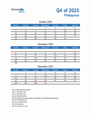 Philippines Quarter 4  2025 calendar template