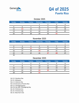 Puerto Rico Quarter 4  2025 calendar template