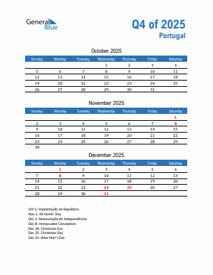 Portugal Quarter 4  2025 calendar template