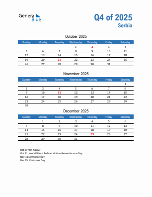 Serbia Quarter 4 2025 calendar template