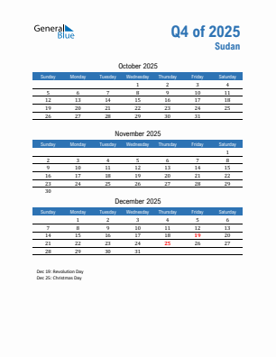 Sudan Quarter 4  2025 calendar template