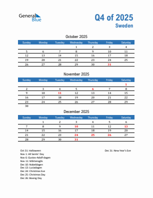 Sweden Quarter 4 2025 calendar template