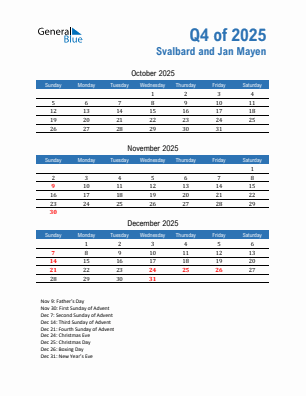 Svalbard and Jan Mayen Quarter 4 2025 calendar template