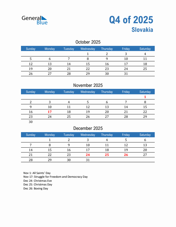 Slovakia Q4 2025 Quarterly Calendar with Sunday Start