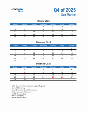 San Marino Quarter 4 2025 calendar template