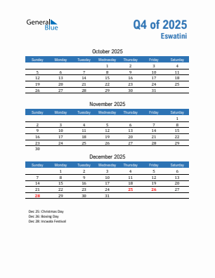 Eswatini Quarter 4  2025 calendar template