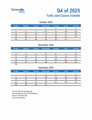 Turks and Caicos Islands Quarter 4  2025 calendar template